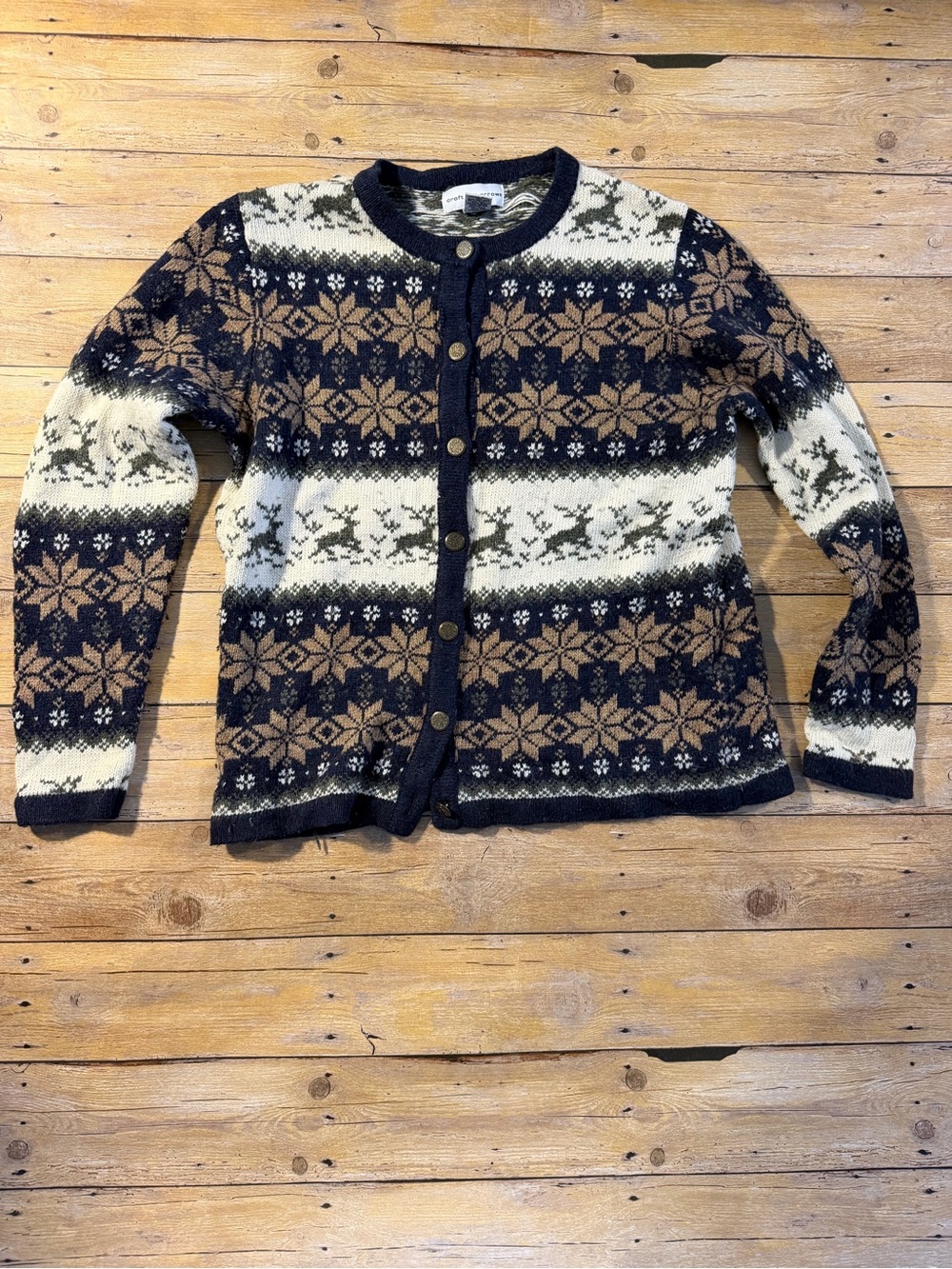 Classic Nordic Pattern Button-Up Sweater Cardigan - Navy, Cream & Brown